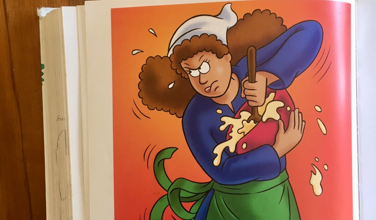 children's book picture of Martha angrily baking